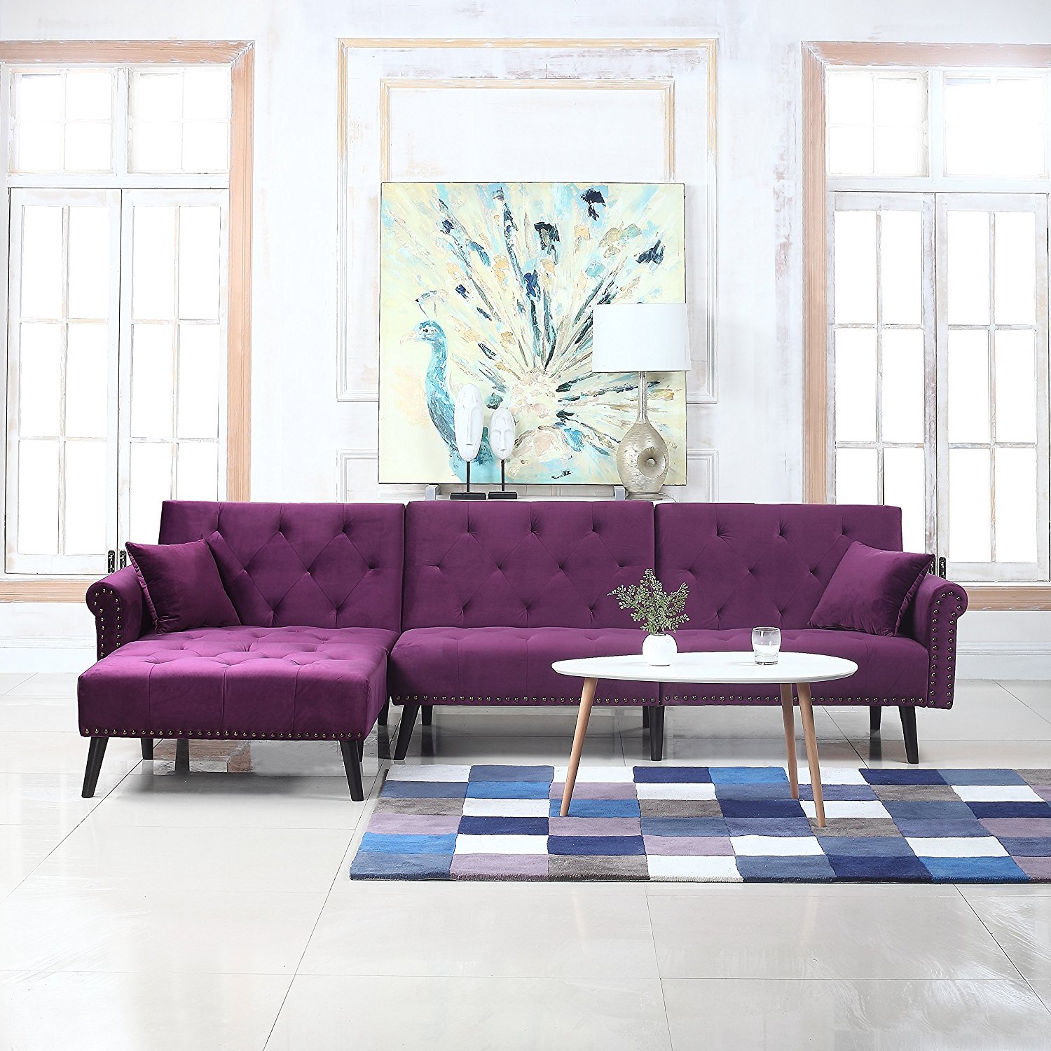 Mid Century Style Velvet Sleeper Futon Couch, Living Room L Shape Sofa