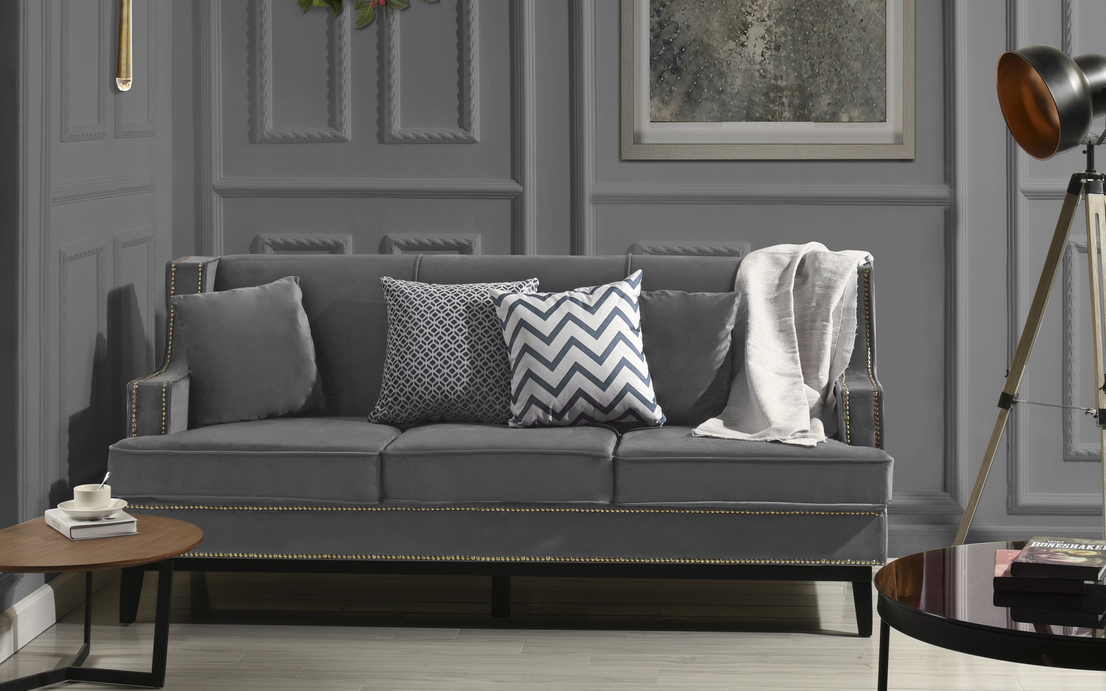 Grey Modern Velvet Sofa - Nailhead Trim and Wooden Frame, 2 Accent