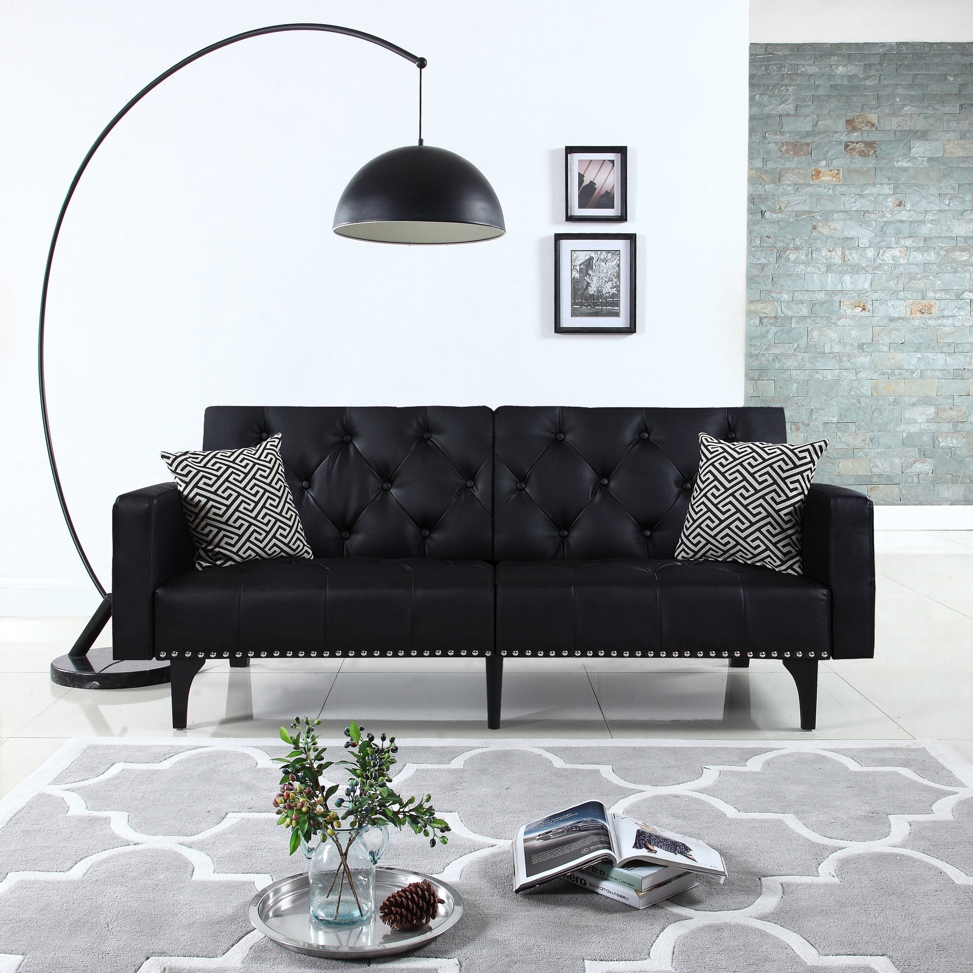 Details About Modern Tufted Bonded Leather Sleeper Futon Sofa With Nailhead Trim In White
