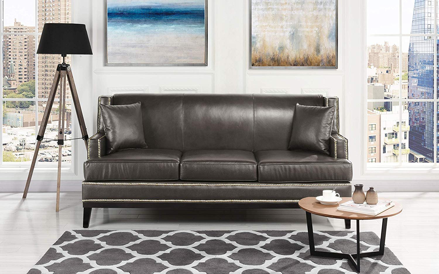 Details About Classic Leather Sofa Nailhead Trim Detail Modern Couch Grey