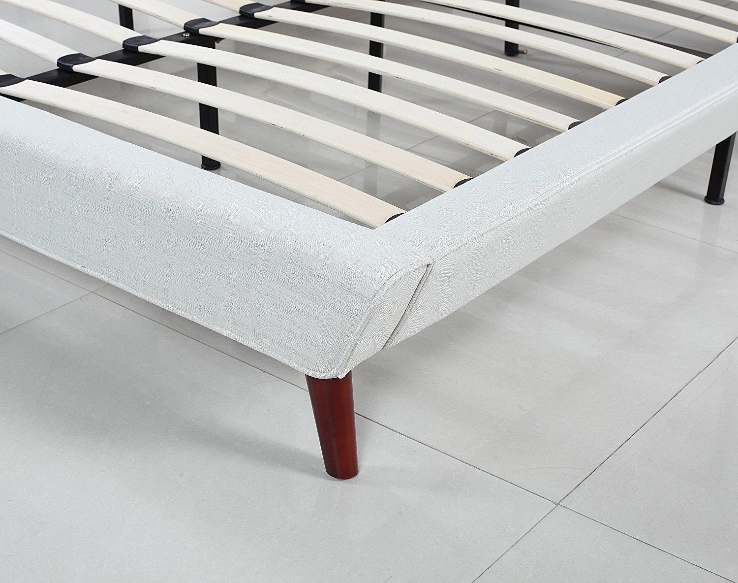 Mid Century Ivory Linen Low Profile Platform Bed Frame With Tufted Click Thumbnails To Enlarge