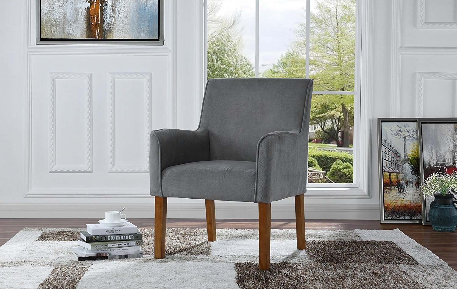 Details About Modern Sleek Linen Fabric Accent Armchair Living Room Chair Grey