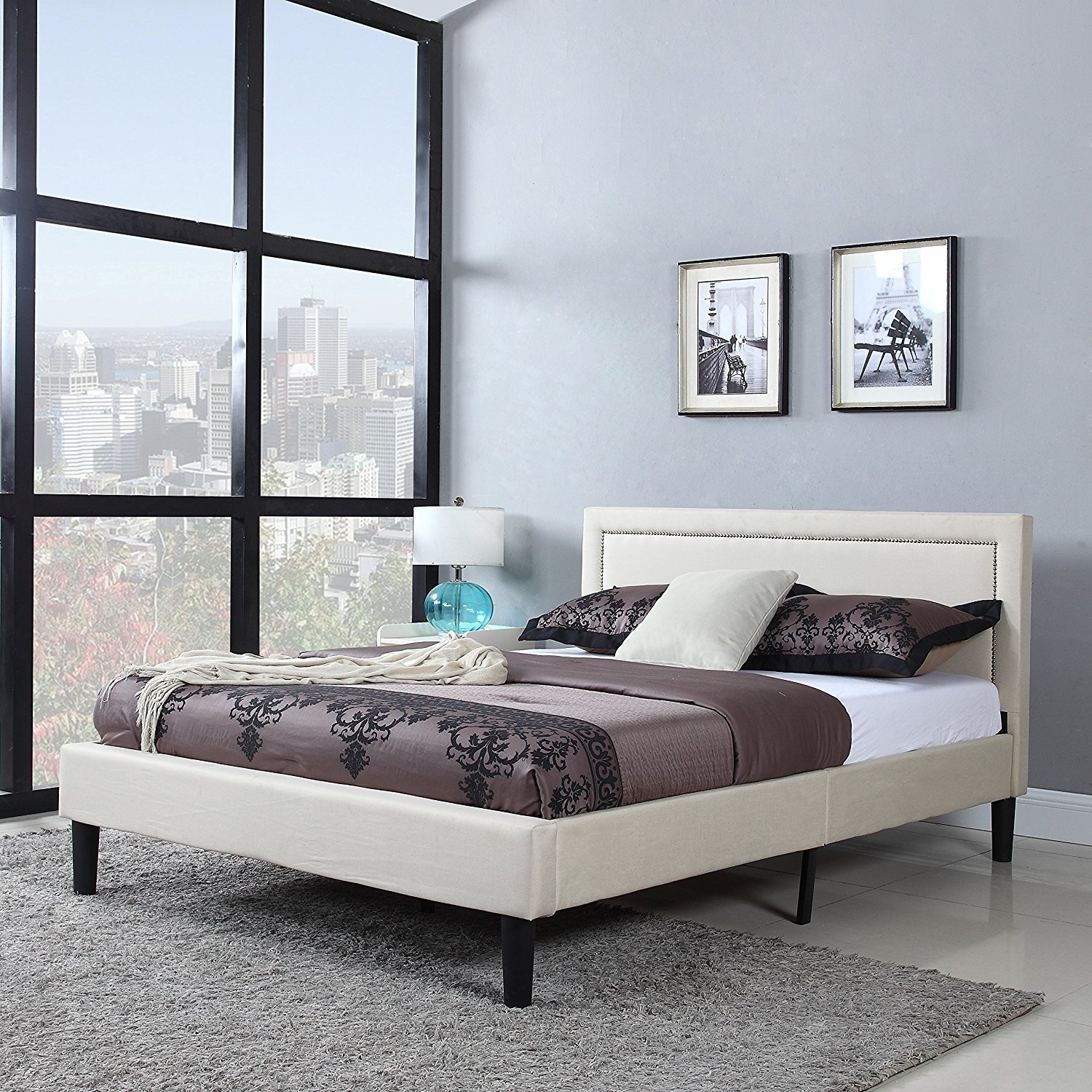 Classic Twin Bed Deluxe Linen Low Profile Platform Bed Frame with