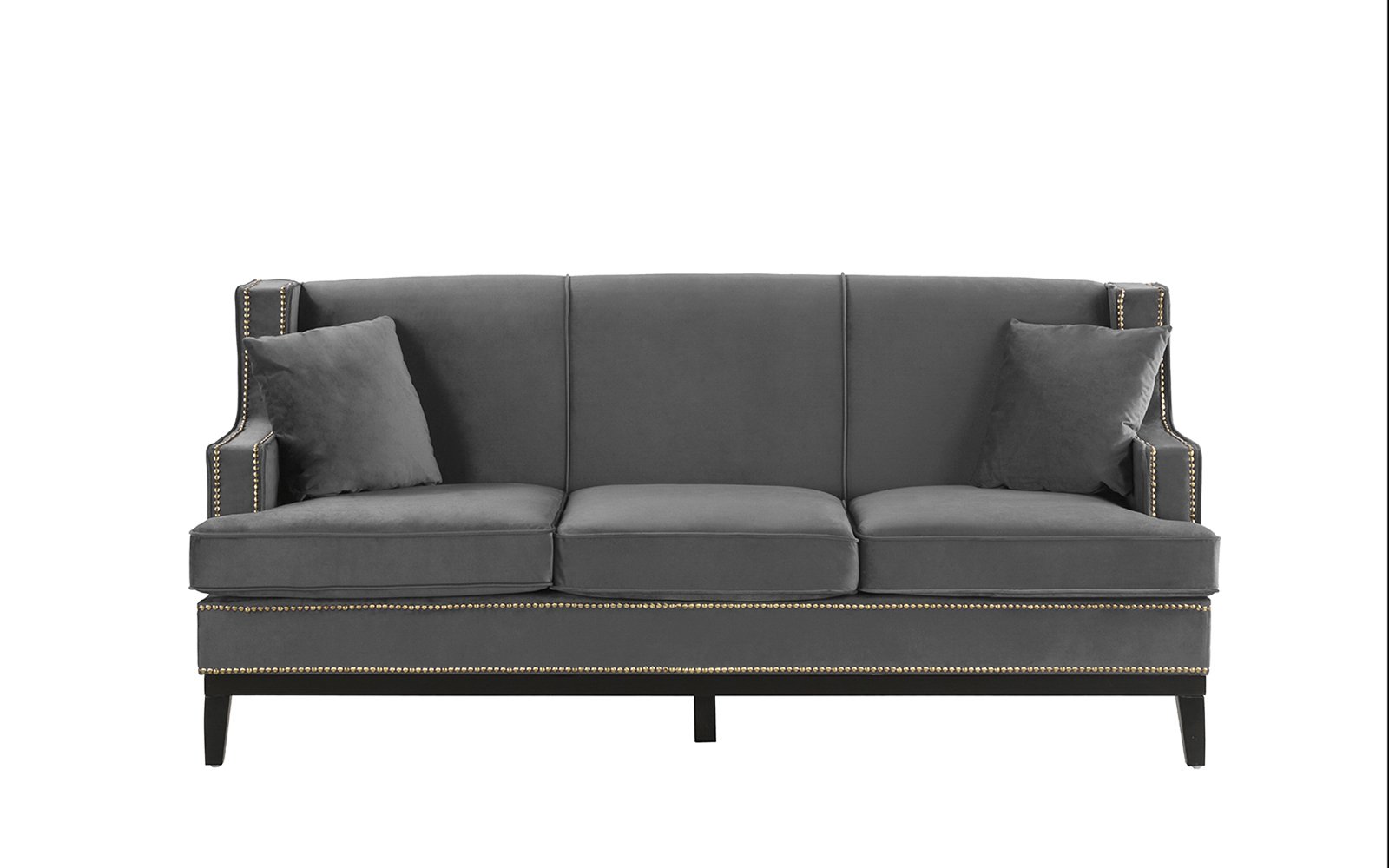 Grey Modern Velvet Sofa - Nailhead Trim and Wooden Frame, 2 Accent