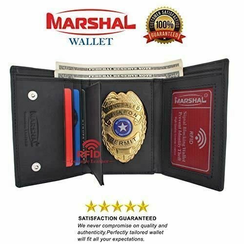 Marshal Genuine Leather RFID Blocking Police Badge Holder Trifold Wallet Black with Snap Closure