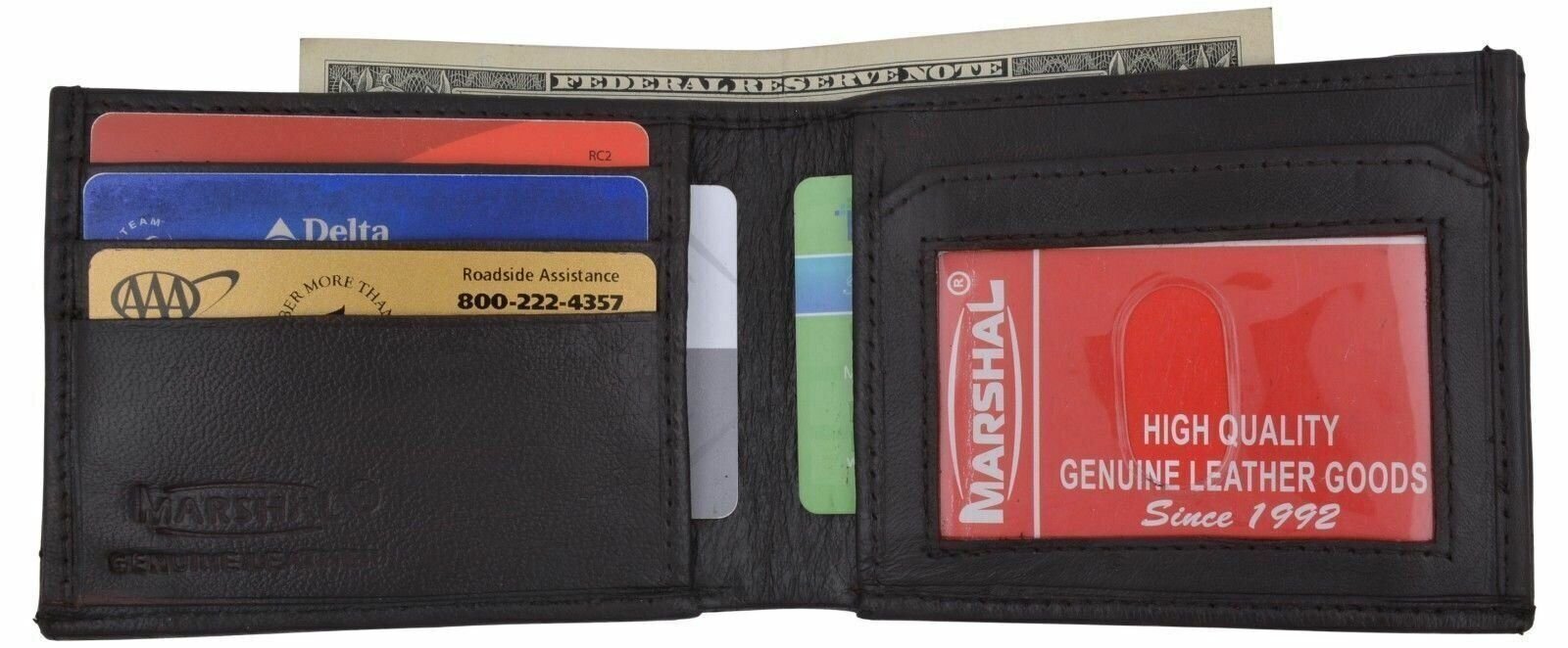 Mens Brown Bifold Leather Credit Card ID Holder Wallet with Outside ID Window