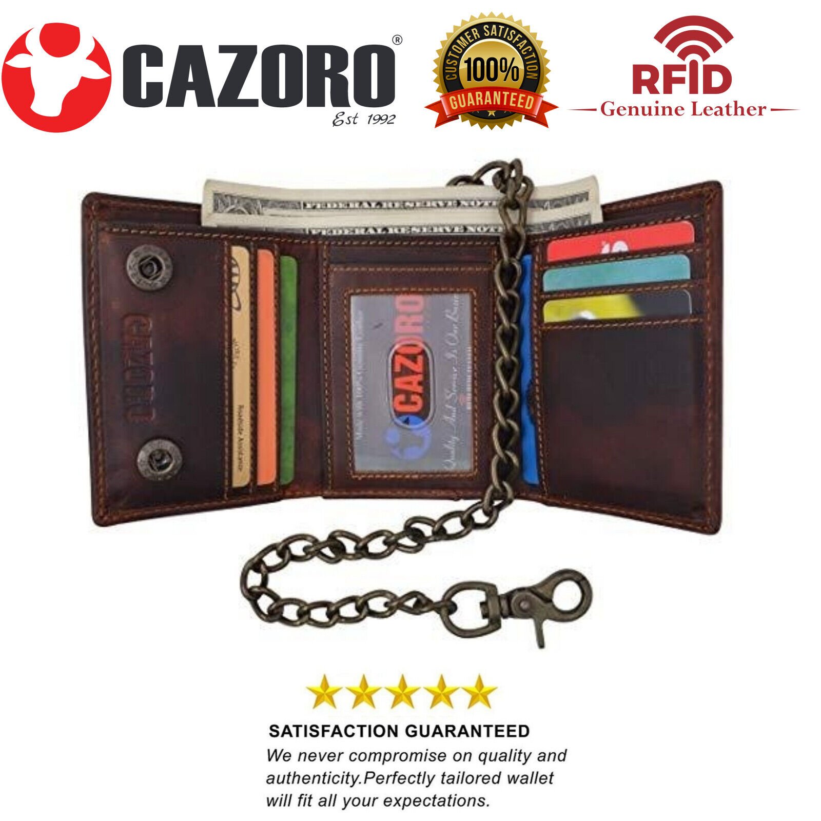 RFID Blocking Men's Tri-fold Vintage Leather Biker Chain Wallet With Snap Closure