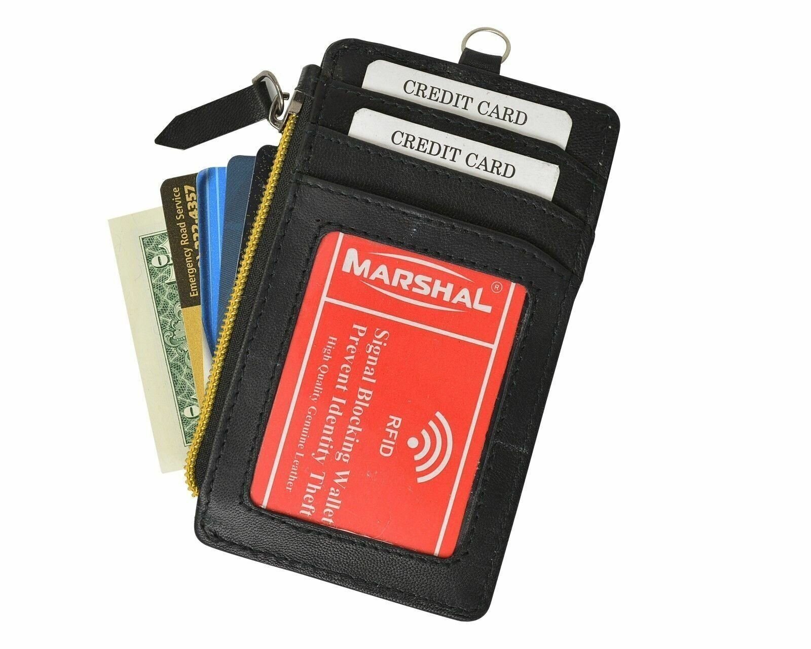 RFID Premium Leather ID Window Credit Cards Zipper Neck Wallet Printed Lanyard