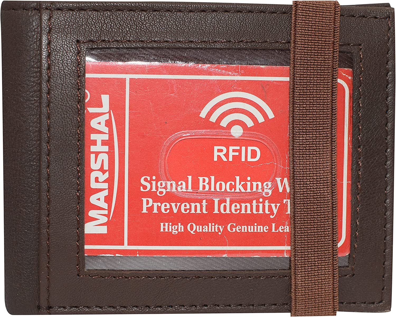 Marshal Genuine Leather Slim Bifold Exterior ID Card Holder Wallet with Elastic Band Closure (Brown)