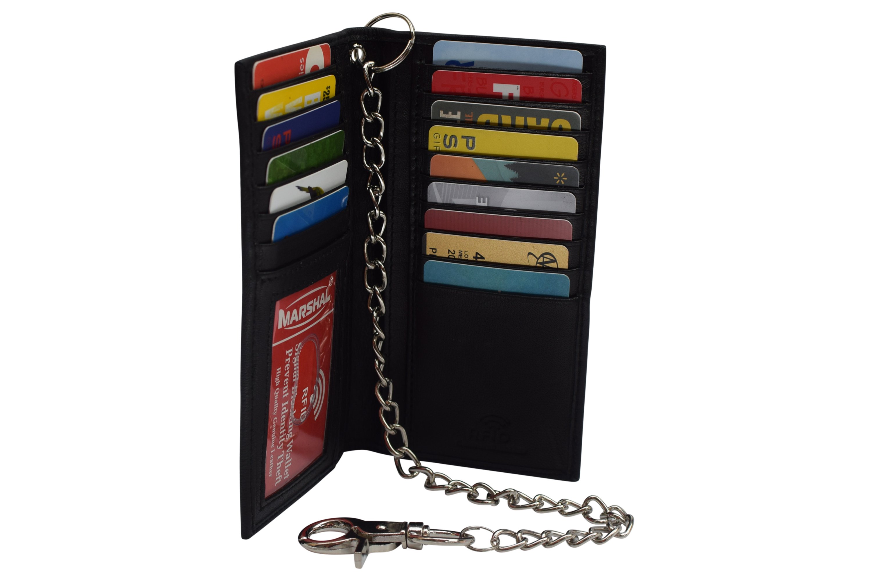 Marshal RFID Blocking Chain Wallets for Men Biker Long Bifold Genuine Leather Wallet with Chain (Black No Chain)