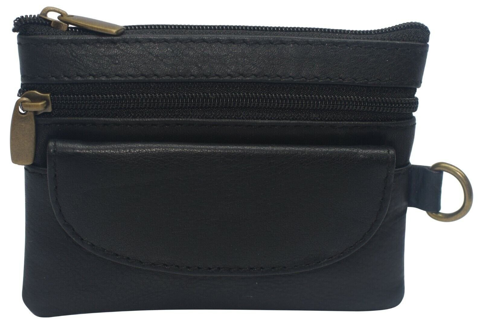 Black Leather Coin Purse Mini Wallet Key Pouch 2 Zippered Sections ID Slot Black
