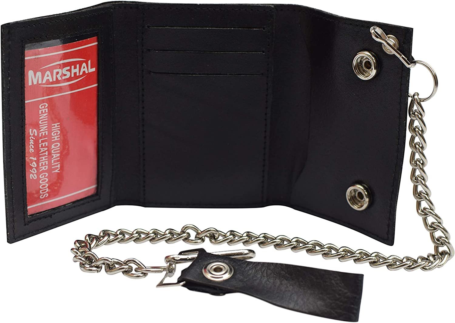 Marshal Genuine Leather 8 Ball Logo Trifold Biker's Wallet ID Card Holder w/ Chain