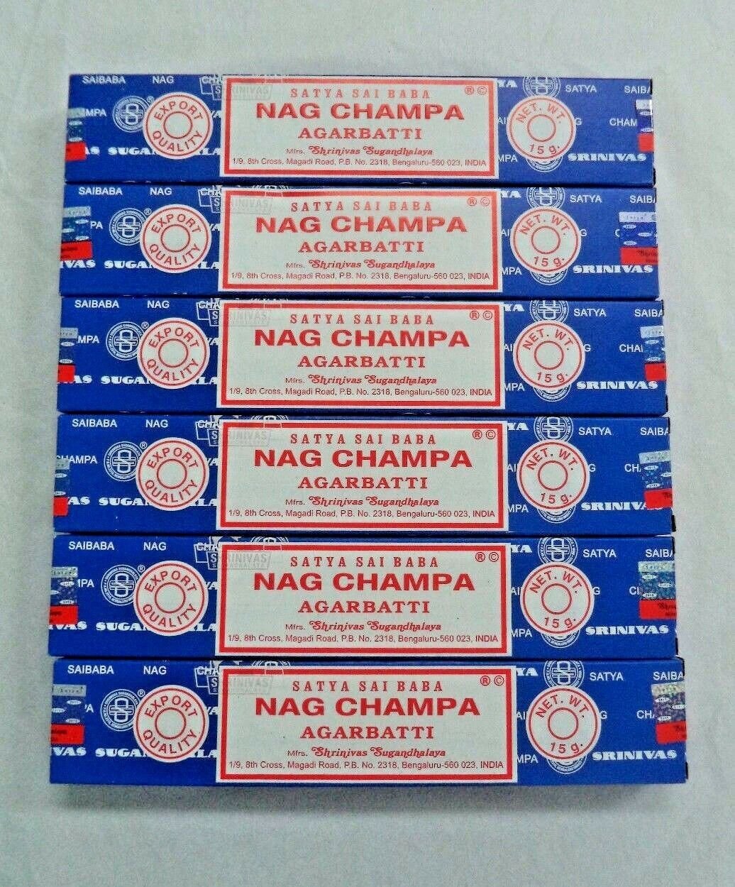 Original Blue Box Satya Nag Champa Incense Sticks: Lot of 6 x 15 Gram Boxes = 90