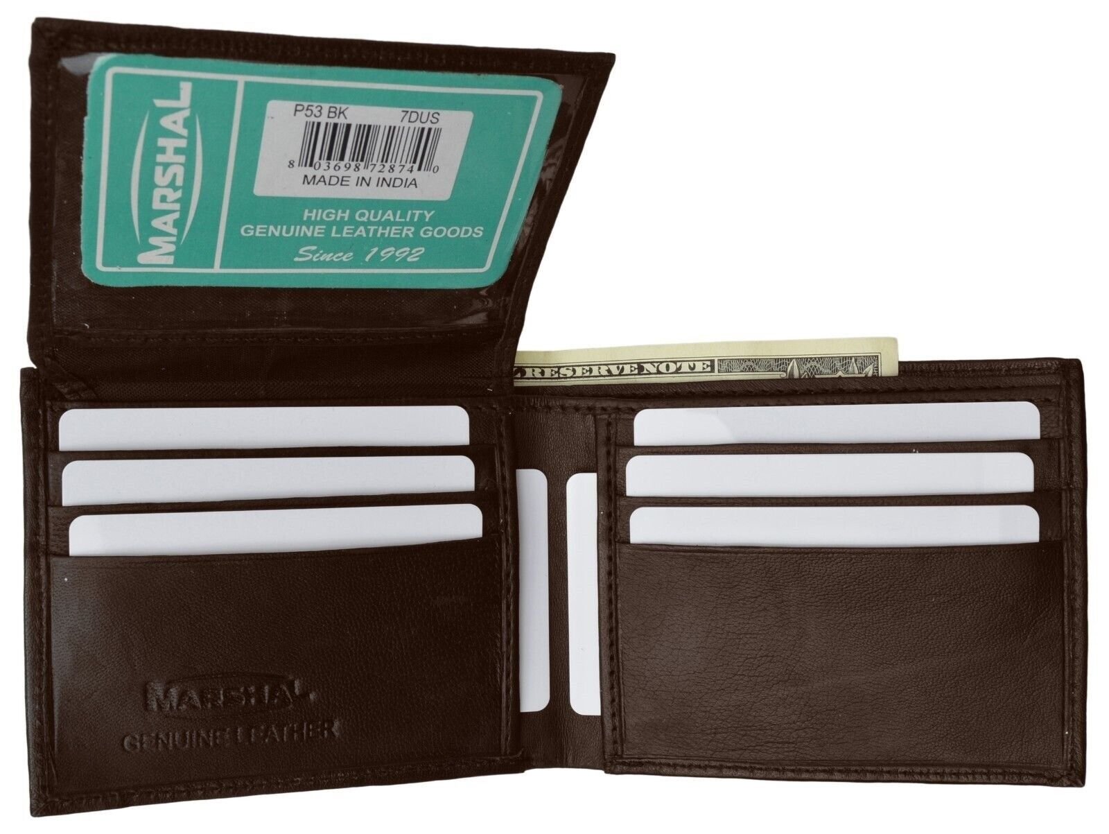 Leather Men's Bi Fold Wallet with Fixed Flip Up single Window ID -BROWN