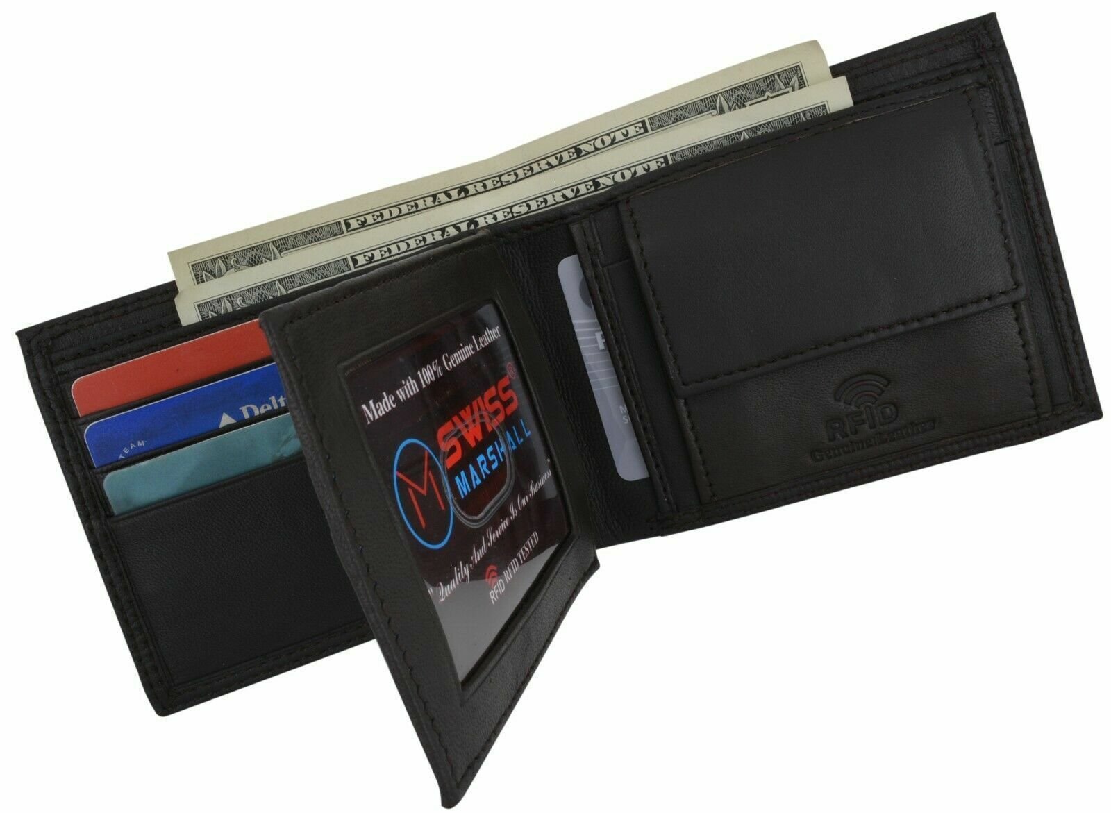 Mens Genuine Leather Black Flap Credit Card ID Holder Slim Bifold Wallet