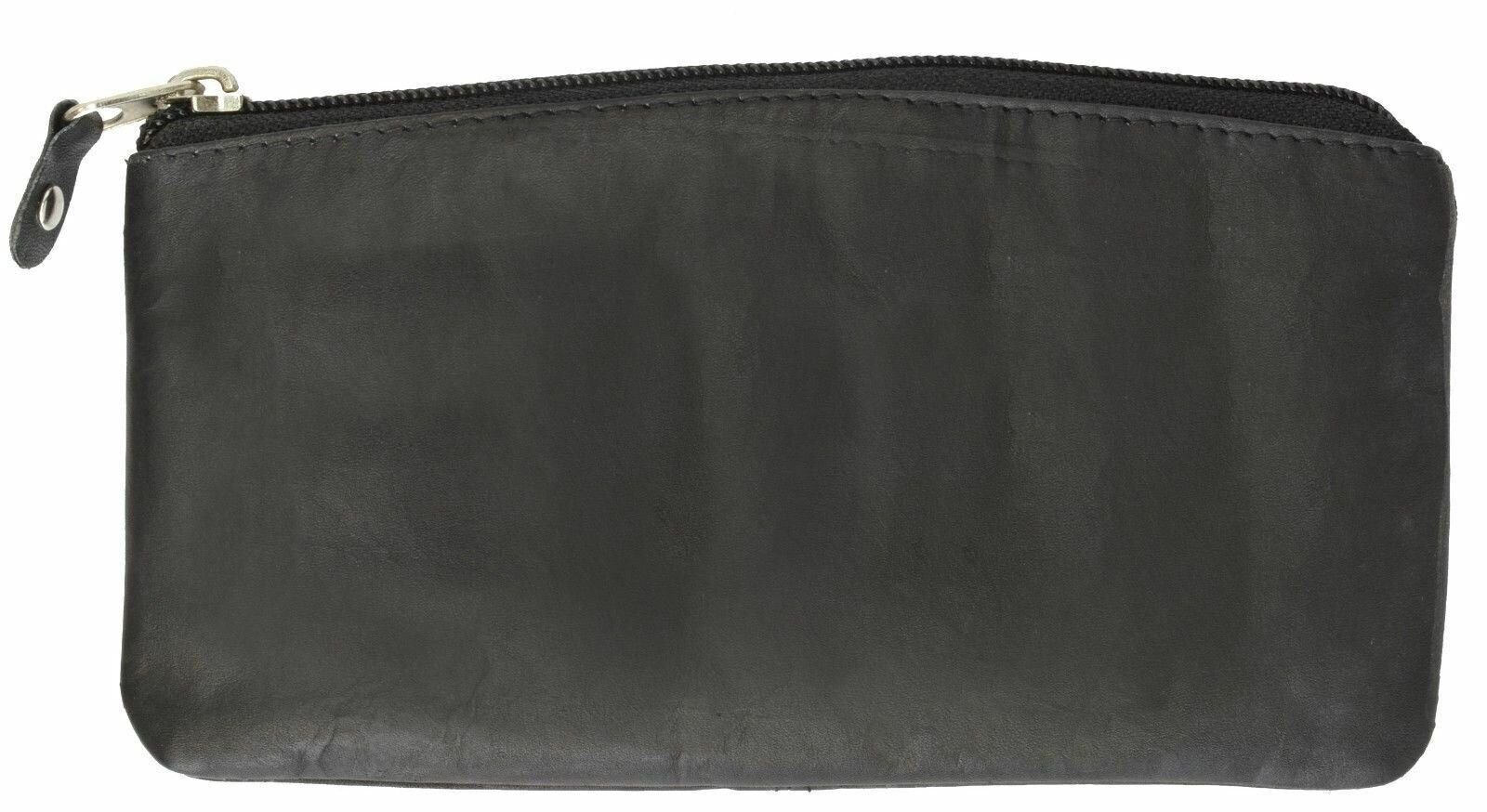 Womens Black Genuine Leather Large Zippered Coin Change Purse Ladies New