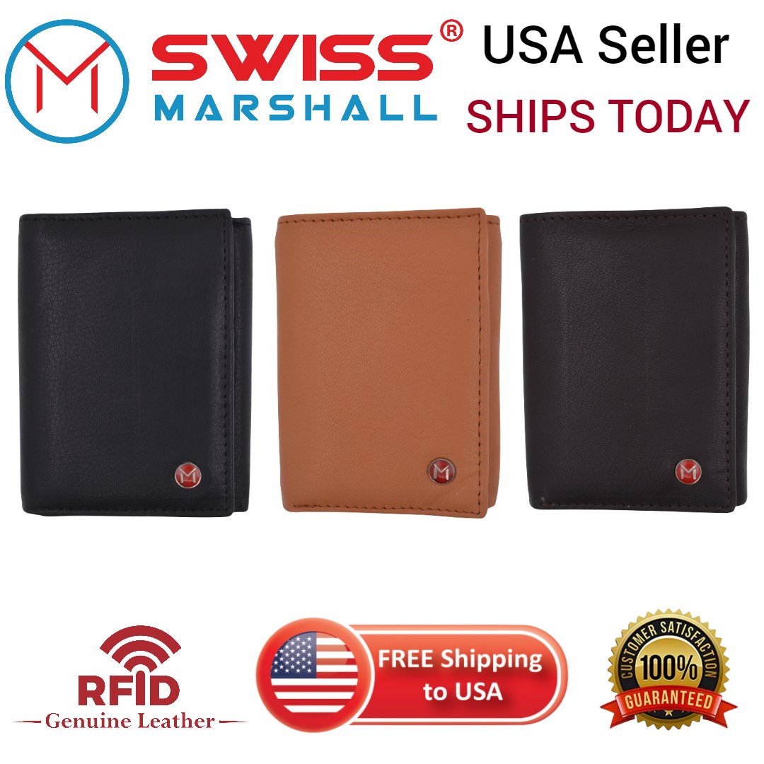 Genuine Leather Slim Trifold Wallet For Men With ID Window RFID Blocking USA