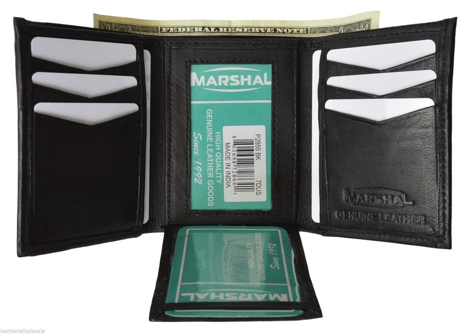 MARSHAL MEN'S GENUINE LEATHER 2 PHOTO HOLDER CREDIT CARD BLACK TRIFOLD WALLET