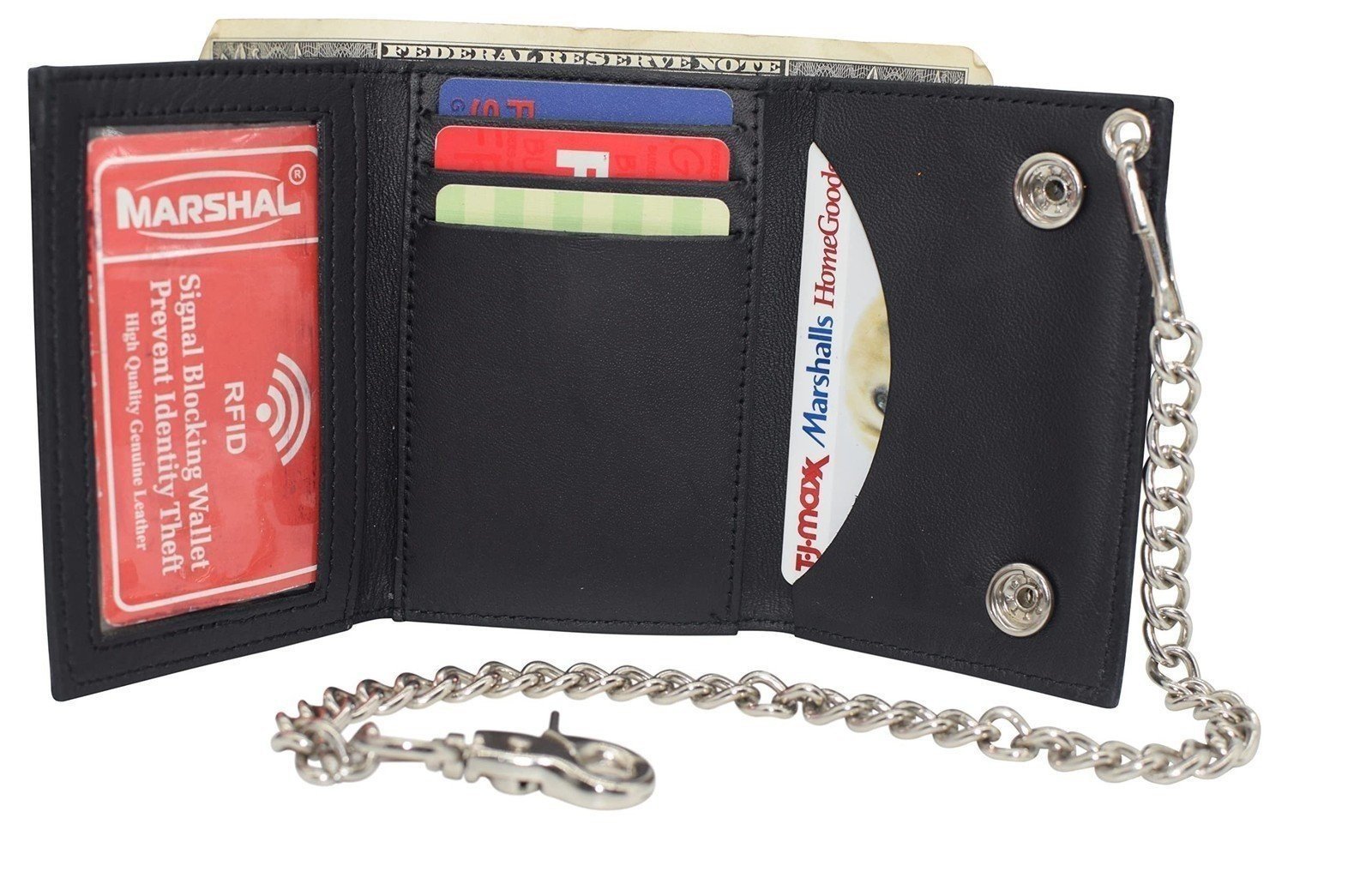 Marijuana Leaf Men's Tri-fold Biker Leather RFID Steel Chain Wallet Snap Closure