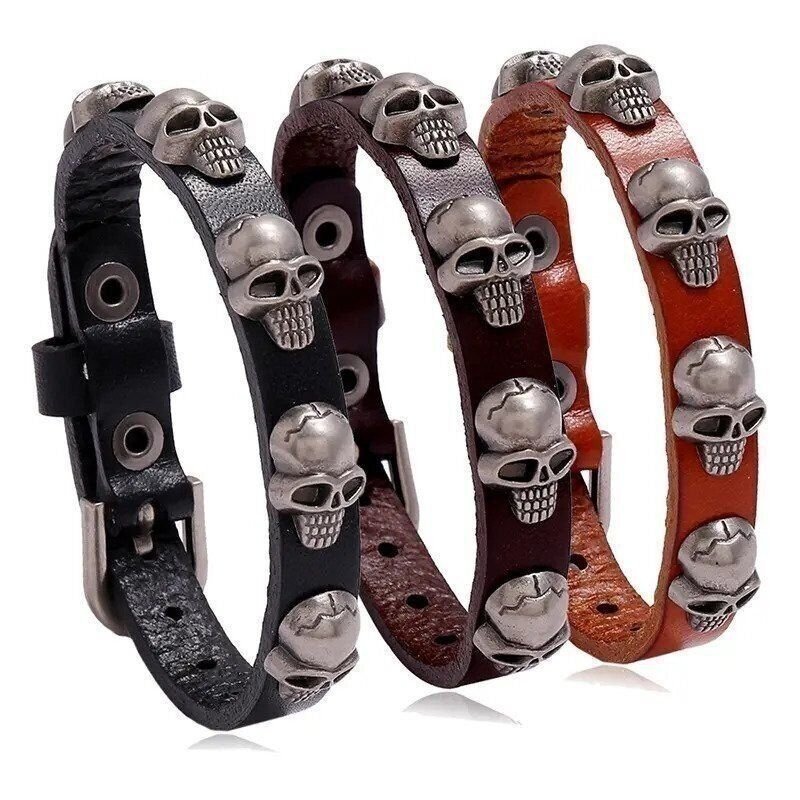 Punk Skull Leather Bracelet Hip Hop Jewelry for Men Adjustable Vintage Bracelets