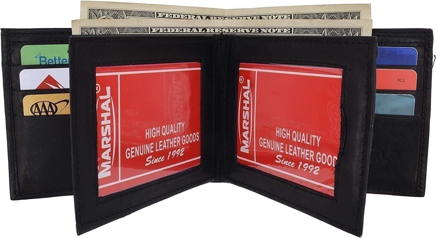 Marshal Genuine Leather Bifold Mens Multi Credit Card Holder 3 ID Windows Wallet