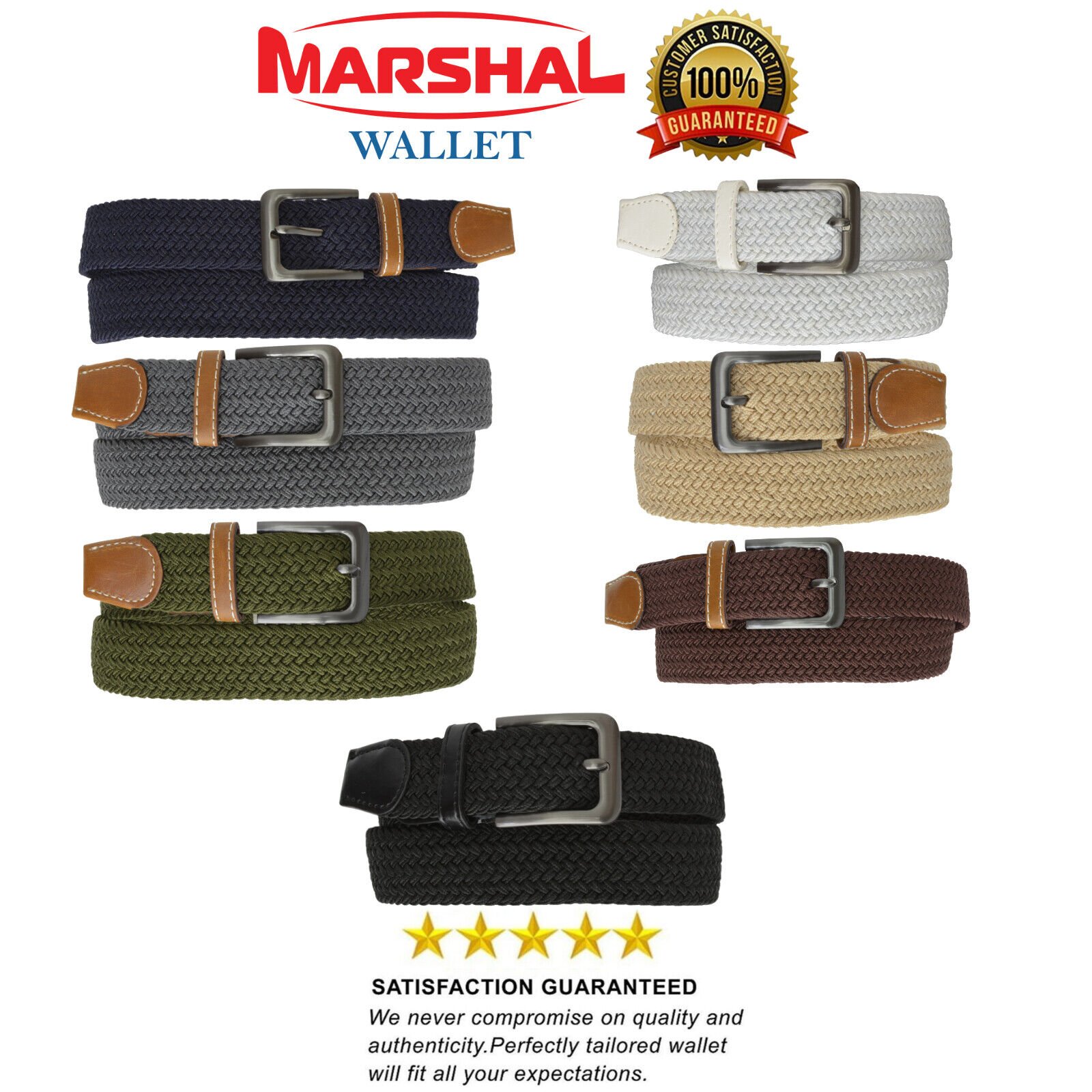 Marshal Elastic Stretch Belts Braided Canvas Woven Belt with Gunmetal Buckle for Men and Women