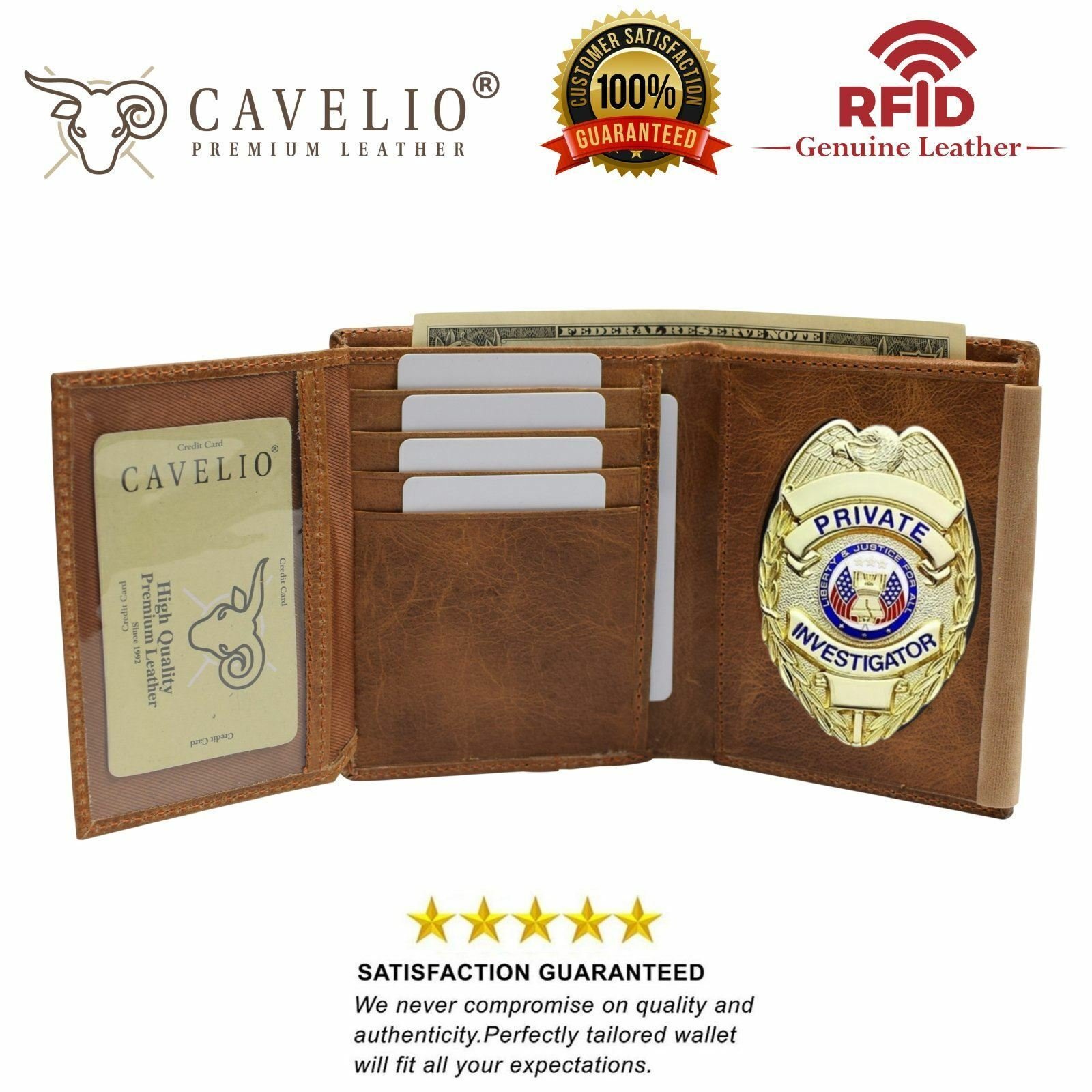 Cavelio RFID Blocking Genuine Leather Badge Holder Bifold Wallet USA Series (Tan)