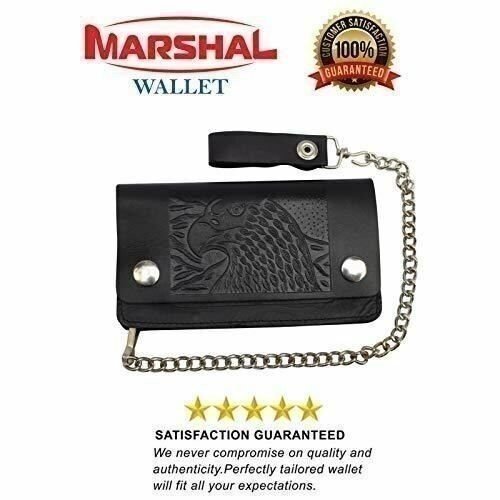 Trifold Biker's Large Wallet ID Card Holder With Chain Genuine Leather