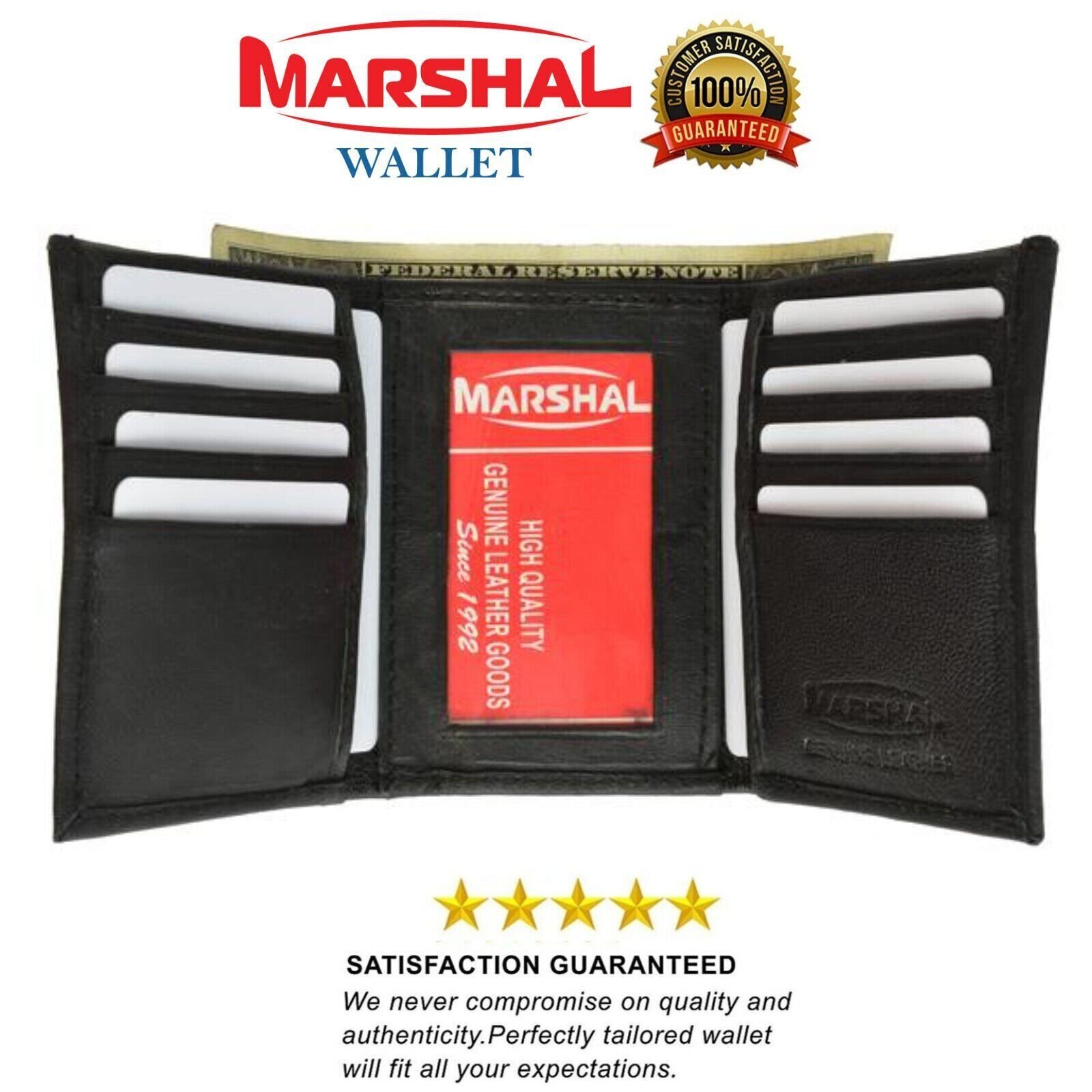 Men's Genuine Leather Trifold Wallet Black 8 Credit Card slots ID window
