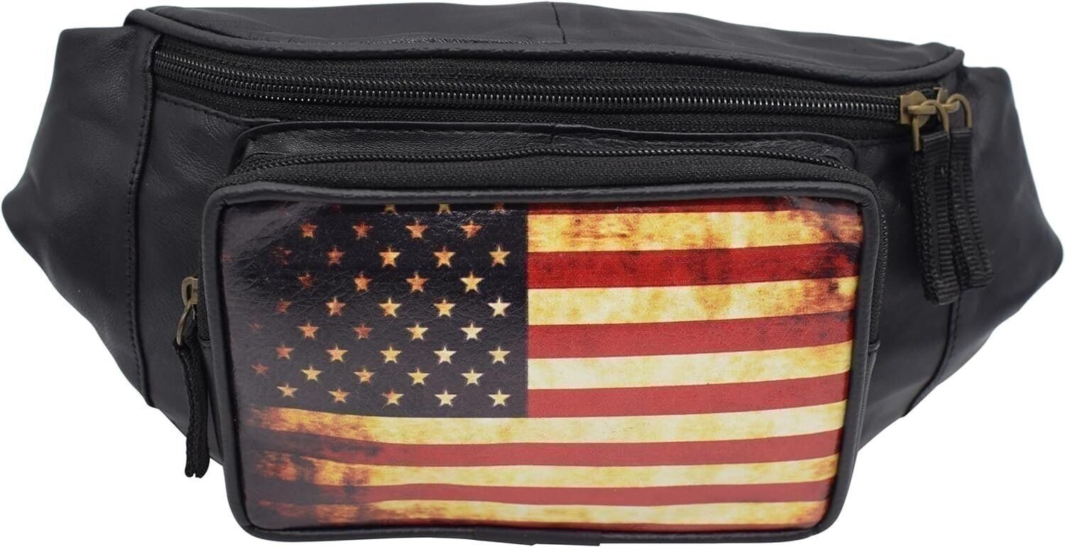 USA Flag Fanny Pack Genuine Leather American Waist Belt Bag & Crossbody Bag...