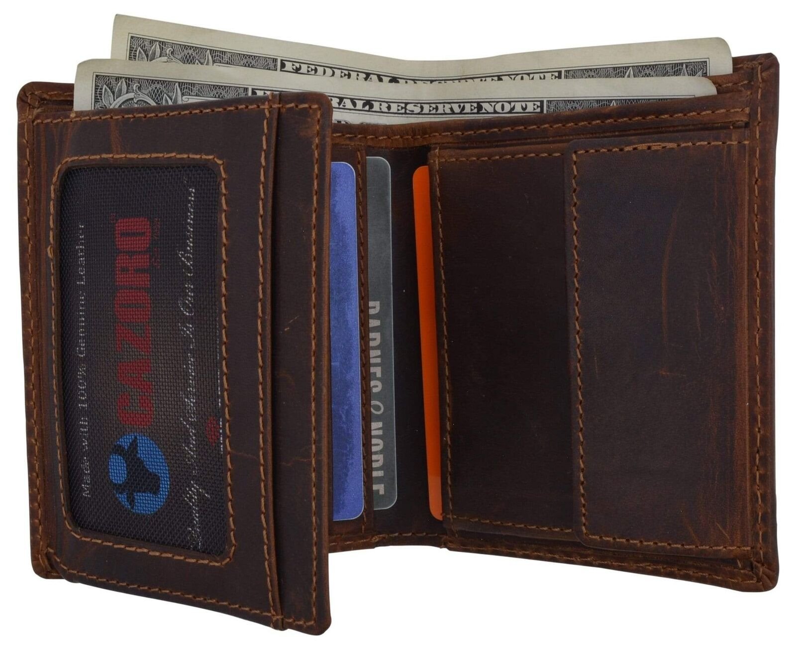 Brand New Cazoro RFID Bifold Trifold Hybrid Mens Distress Vintage Leather Wallet