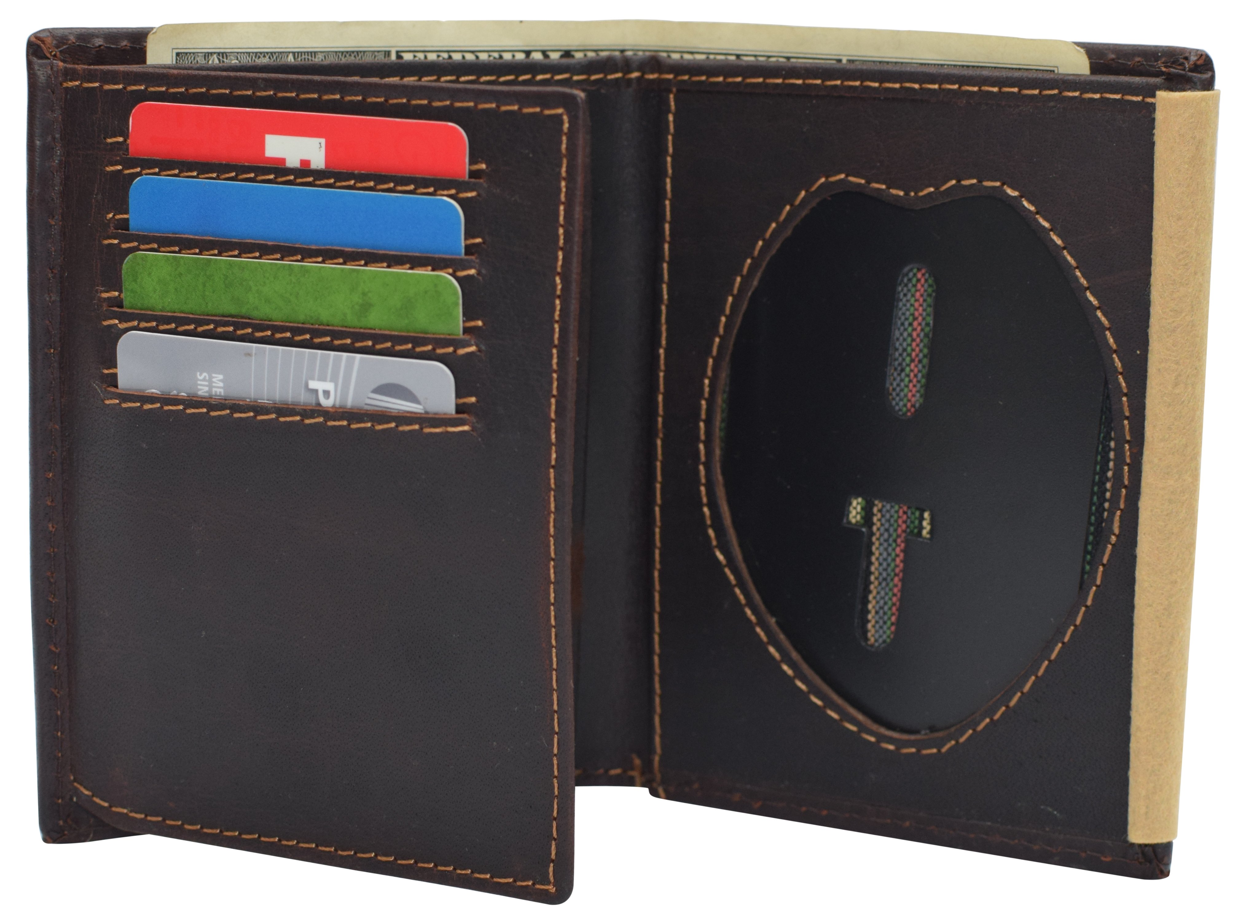 Police Badge Wallet Bifold RFID Full Grain Genuine Leather, Fits Any Shape Badge - Picture 4 of 9