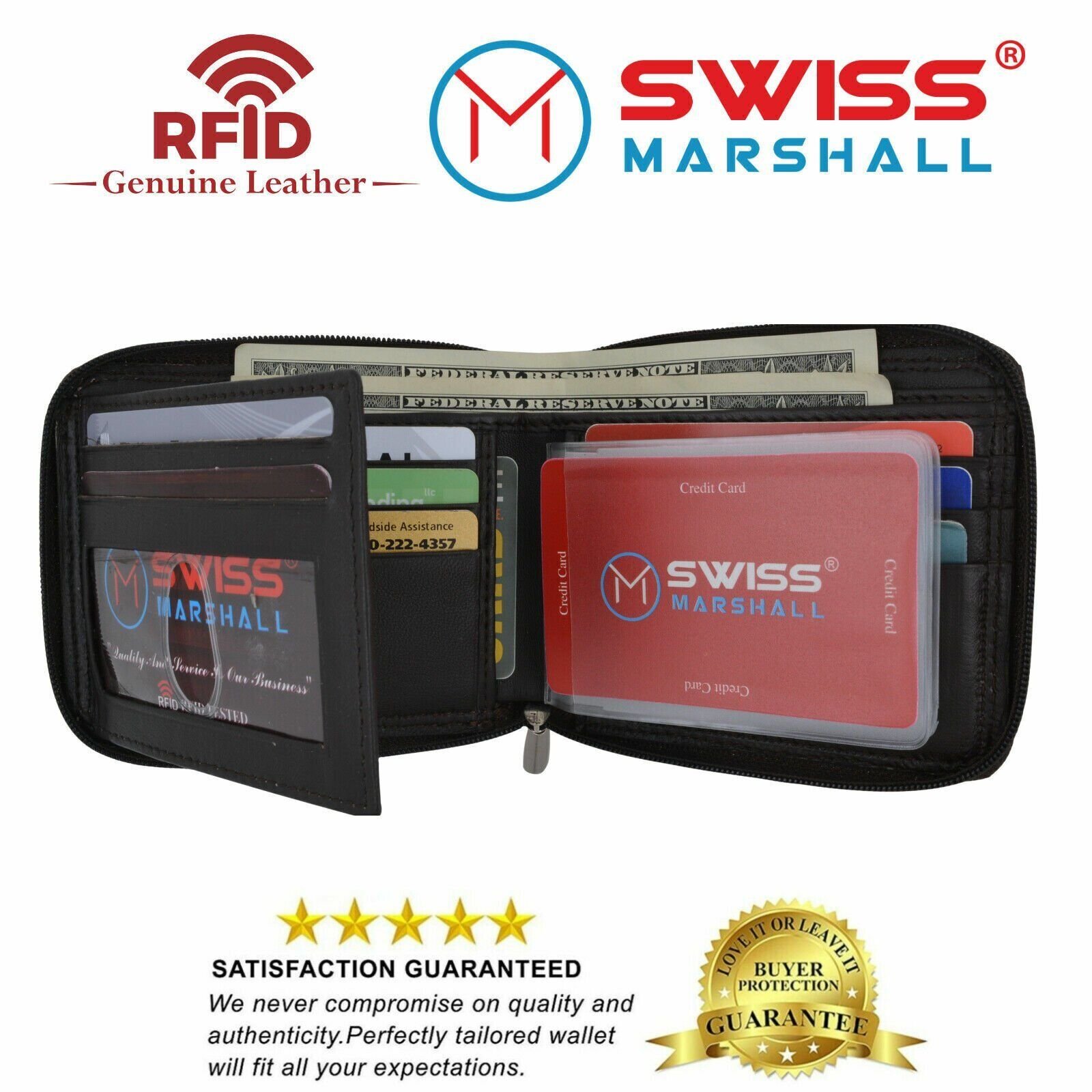 Swiss Marshall Men's Zipper RFID Blocking Premium Leather Zip-Around ID Bifold Wallet (Tan with Chain)