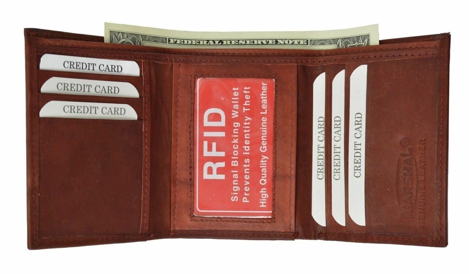Mens Trifold Genuine Leather RFID Blocking Wallet Black Brown Burgundy Tan New