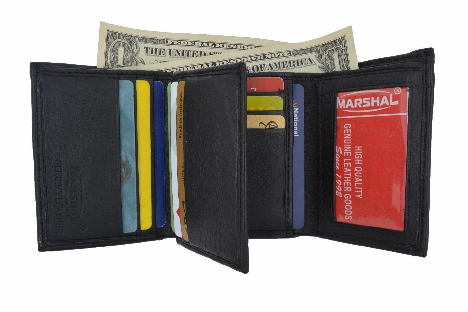Genuine Leather Trifold Wallet Extra Capacity Multiple Card Slots 2 ID Windows