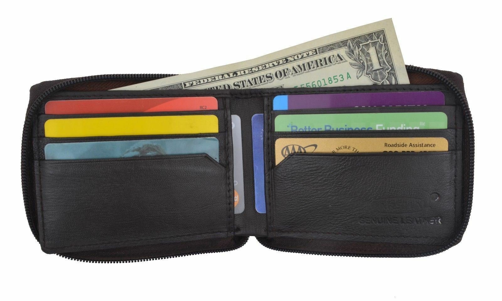 Zip Around Mens Lambskin Leather Bifold W/Outside ID Card Holder Brown Wallet