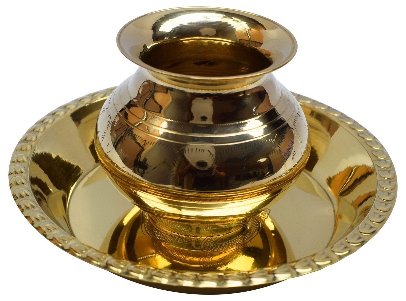 OM SHRI OMKalsa Parai Puja Accessory Gifts Pooja Thali Om Gayatri Mantra Brass Kalash Lota Pot for Mandir Temple (Large)