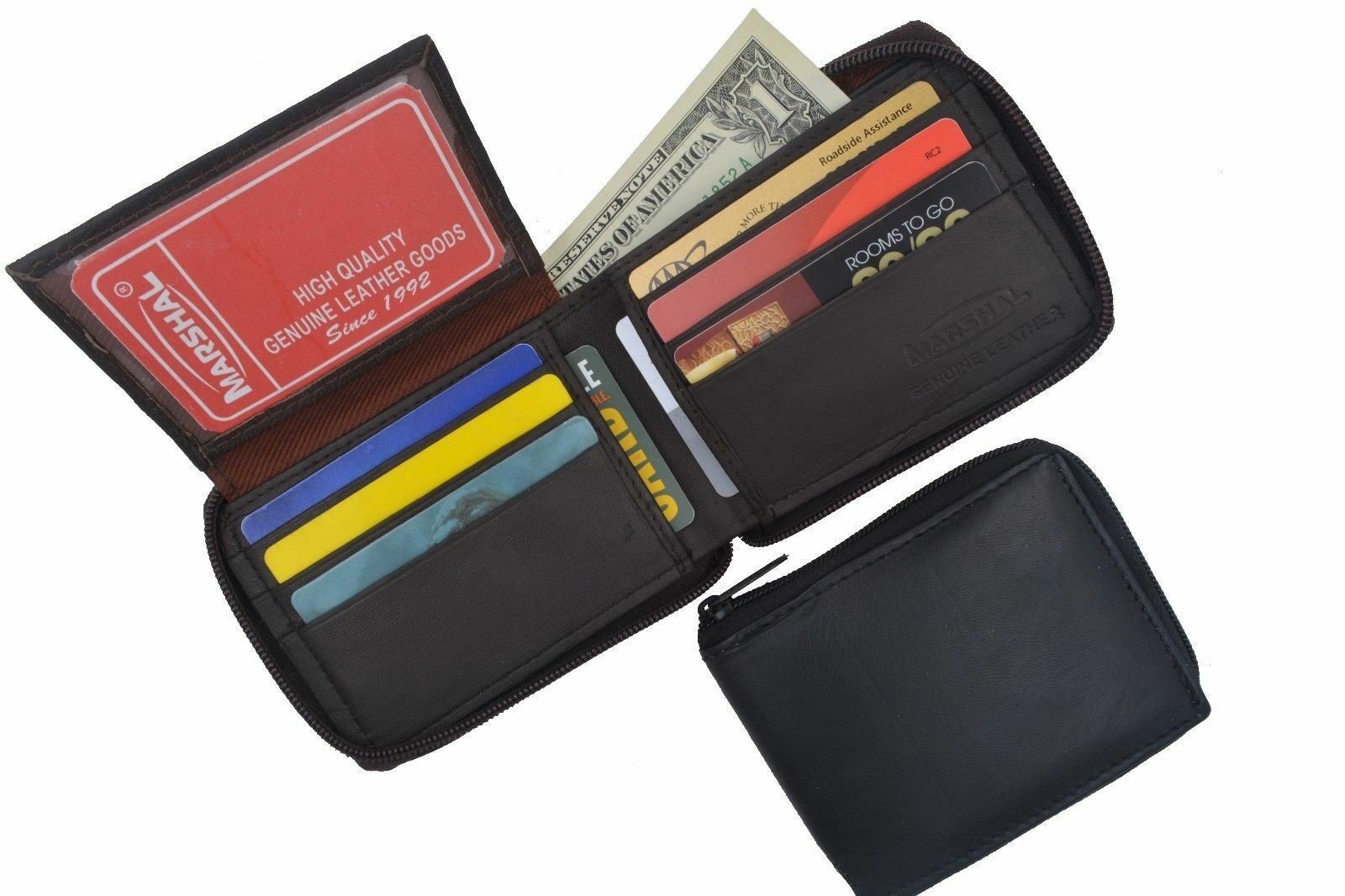 Mens Lamb Leather Zippered Bifold Flap up ID Credit Card Holder ZipAround Wallet