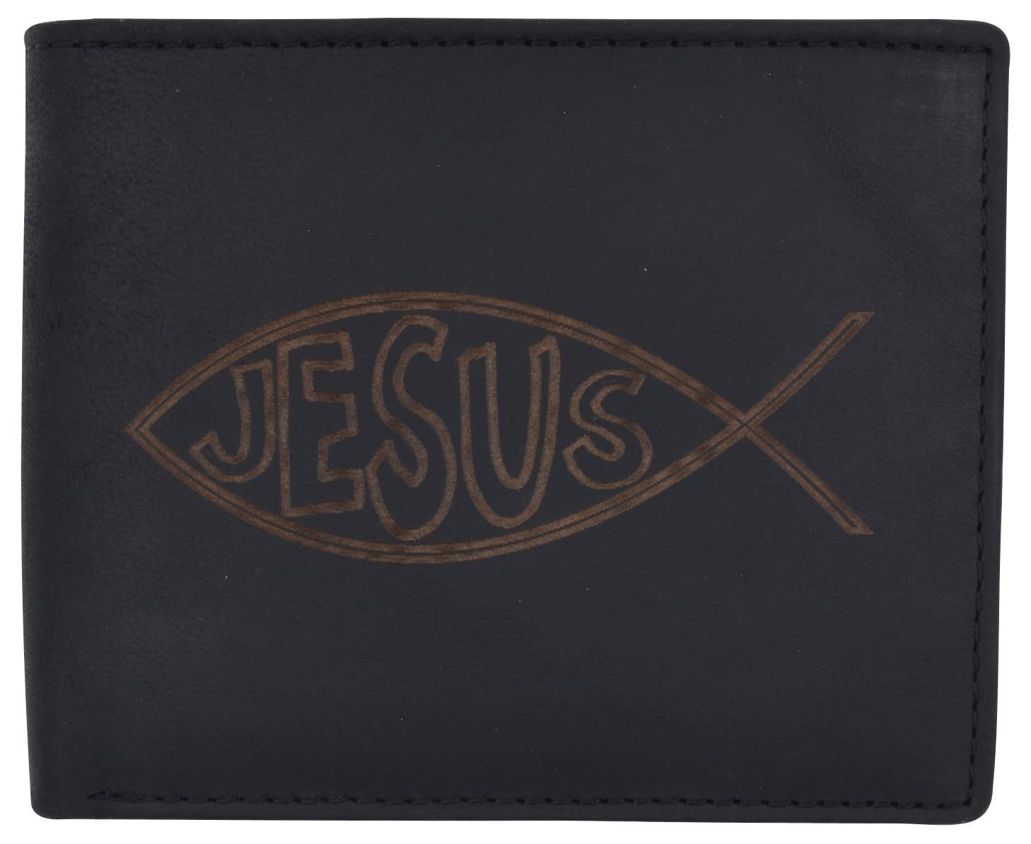MARSHAL New Men's RFID Jesus Printed Logo Genuine Leather Bifold Wallet (Black)