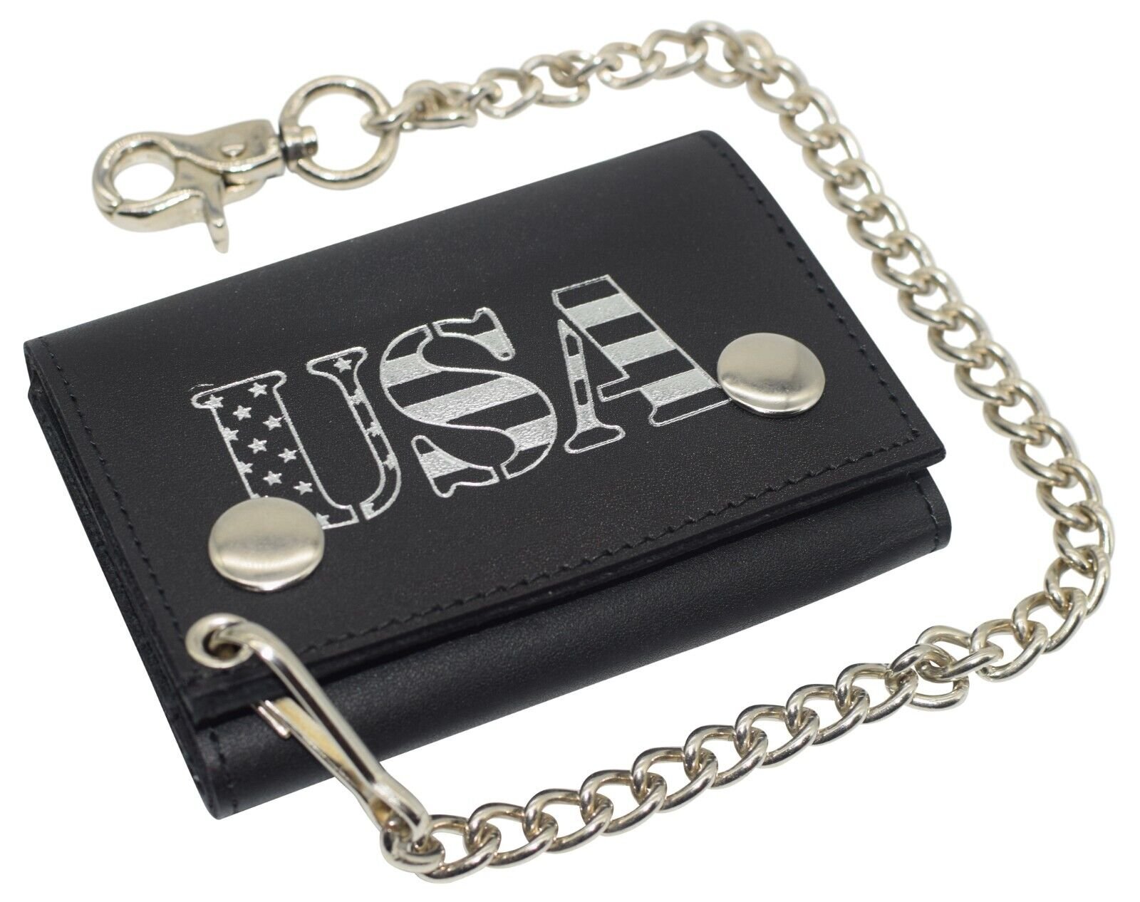 Men's Tri-fold RFID Blocking Biker Leather Steel Chain USA Wallet
