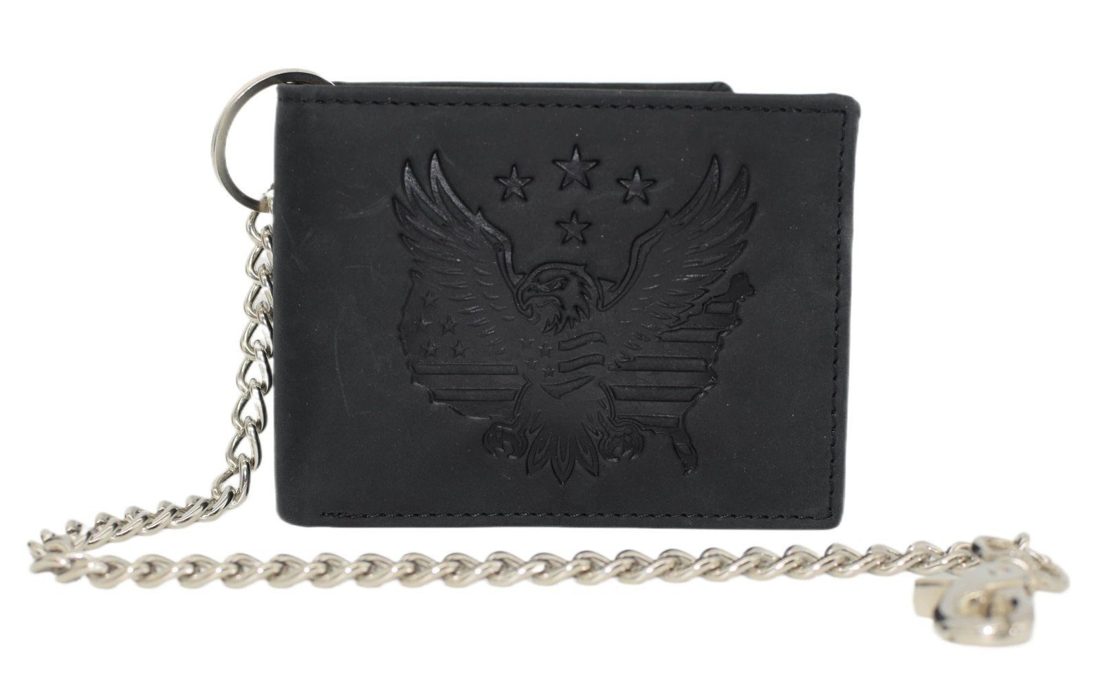 Genuine Leather USA Eagle Chain Wallet Men's RFID Bifold Biker USA Eagle Map