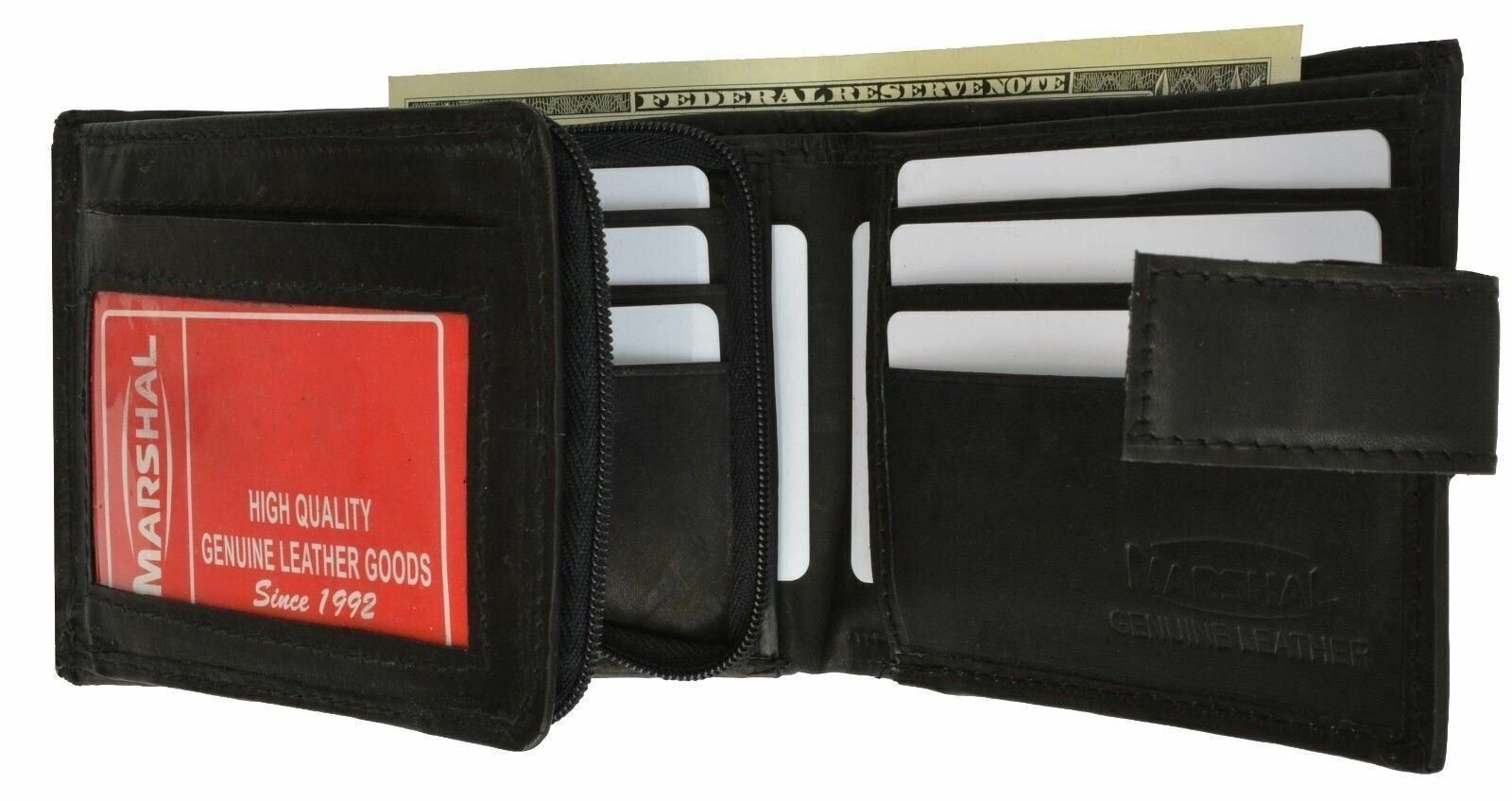 Mens Snap Closure Bifold W/ Zippered Expandable Card Pocket Black Leather Wallet