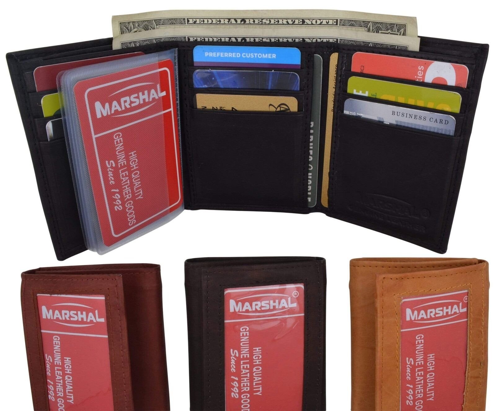 Genuine Cowhide Leather Credit Card Holder with Outside ID Window Trifold...