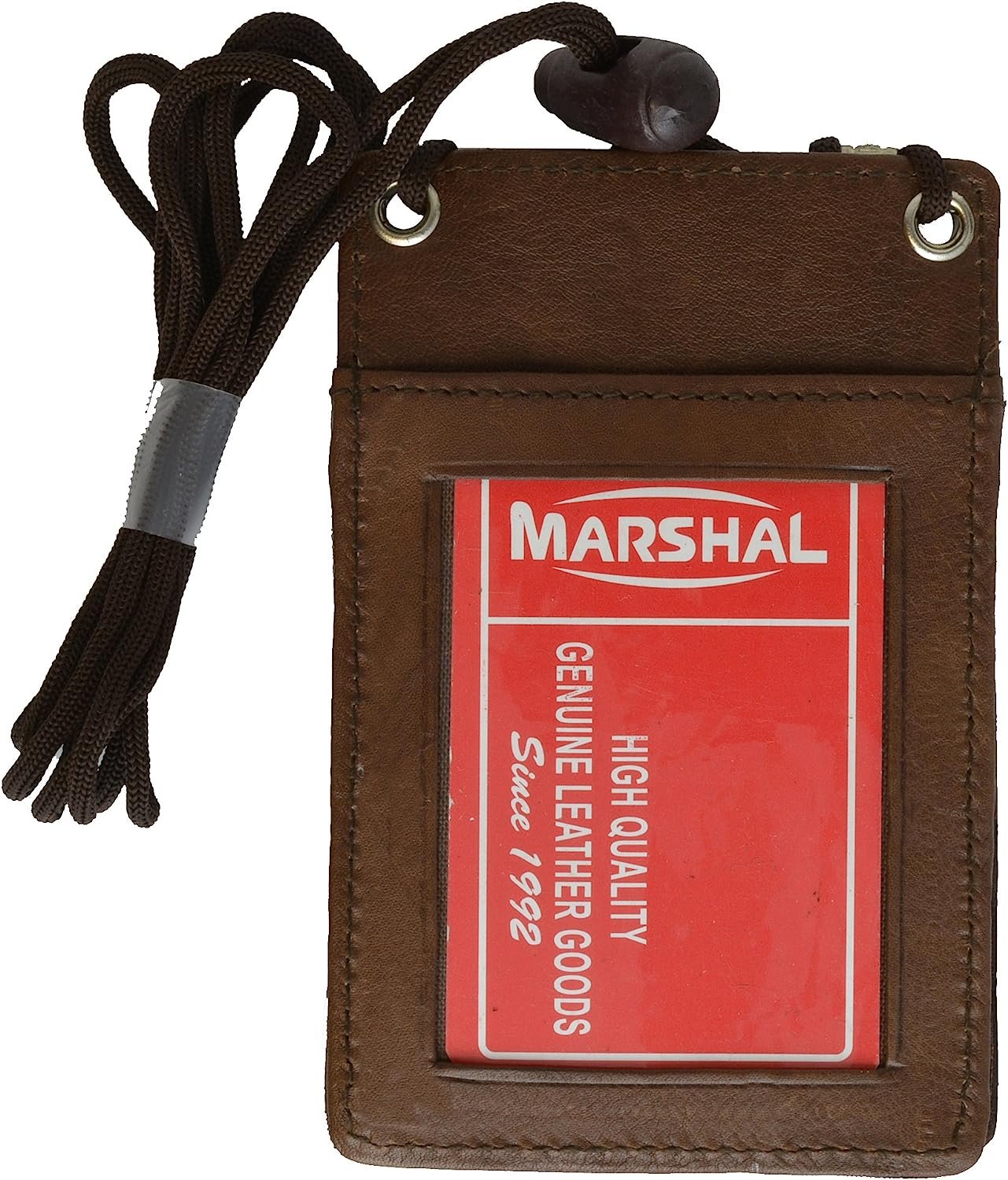 Marshal New Leather Neck Strap ID Badge Credit Card Holder Pouch Wallet Mini CrossBody (Brown)