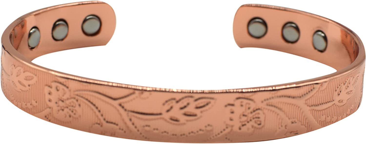 Magentic Pure Copper Cuff Bracelet for Women Vintage Flower with Magnets Adjustable Magnetic Bangles