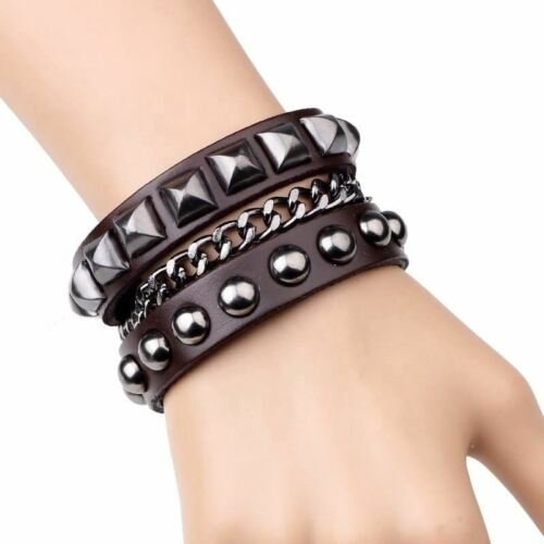 Men’s Fashion Punk Rock and Roll Metal Chains Metal Button Adjustable Leather Br