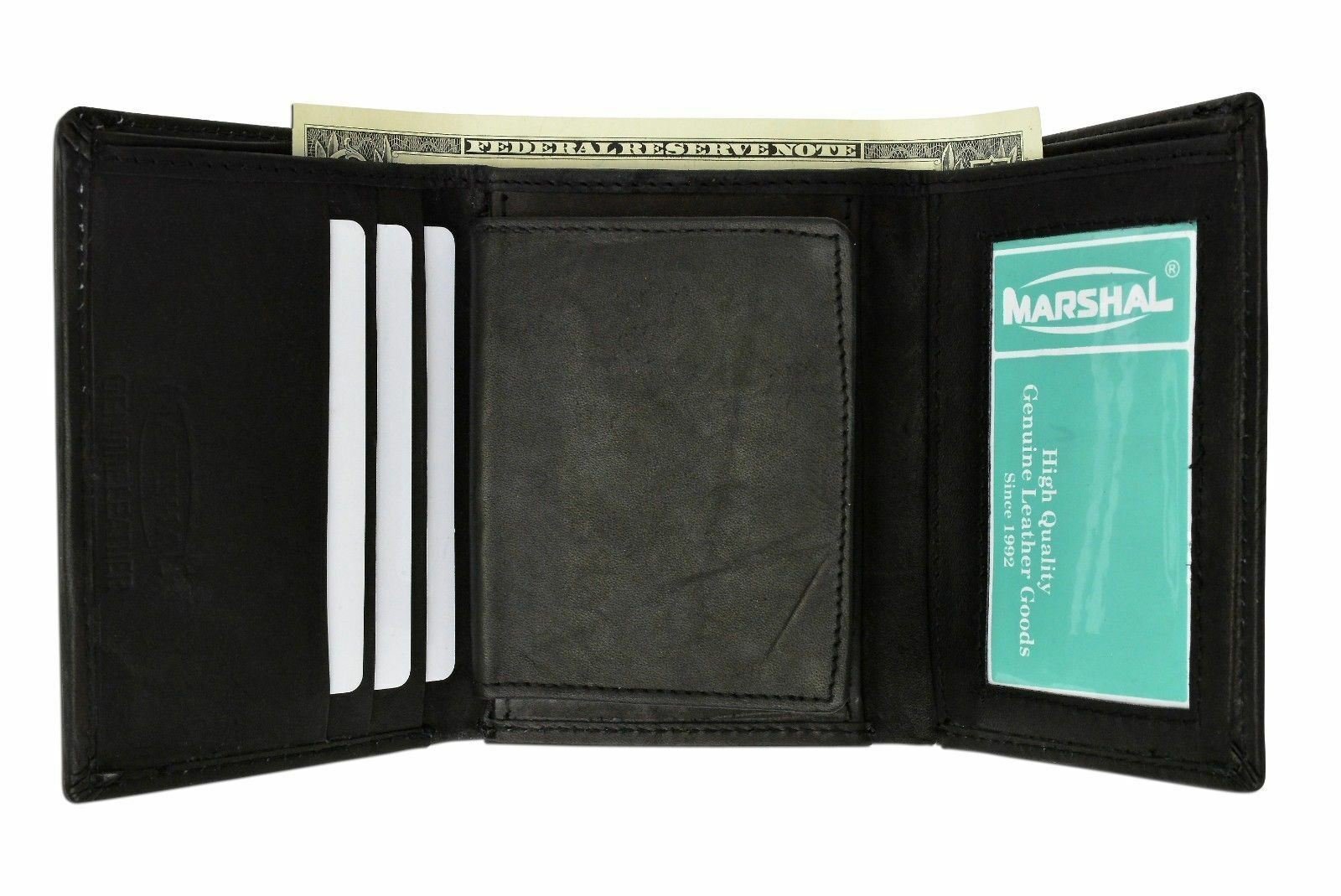 Genuine Leather Trifold Badge Credit Card ID Money Holder Wallet Black Safe NEW