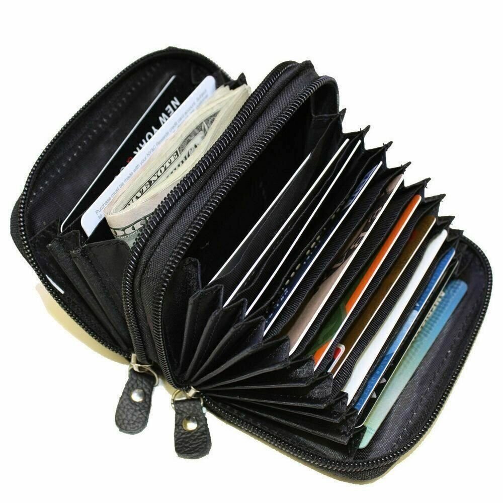 Genuine Leather Credit Card Wallet with Zipper Case Holder Security Travel RFID