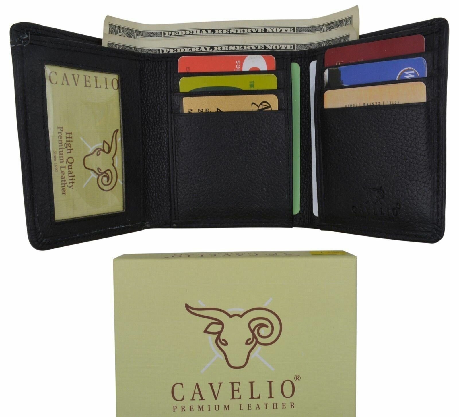 Black Trifold Mens Leather Design Wallet Credit Card & ID Window W/ Bill Pockets