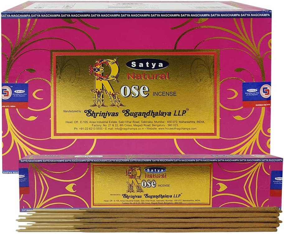 Satya Natural Rose Agarbatti Pack of 12 Incense Sticks Boxes, 15 GMS Each, Traditionally Handrolled in India Best Aeromatic Natural Fragrance Perfect for Prayer Relaxation Peace Meditation Healing